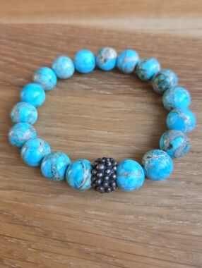 Blue Sea Sediment Jasper Bead Bracelet with Antique Bronze Accent - Handcrafted